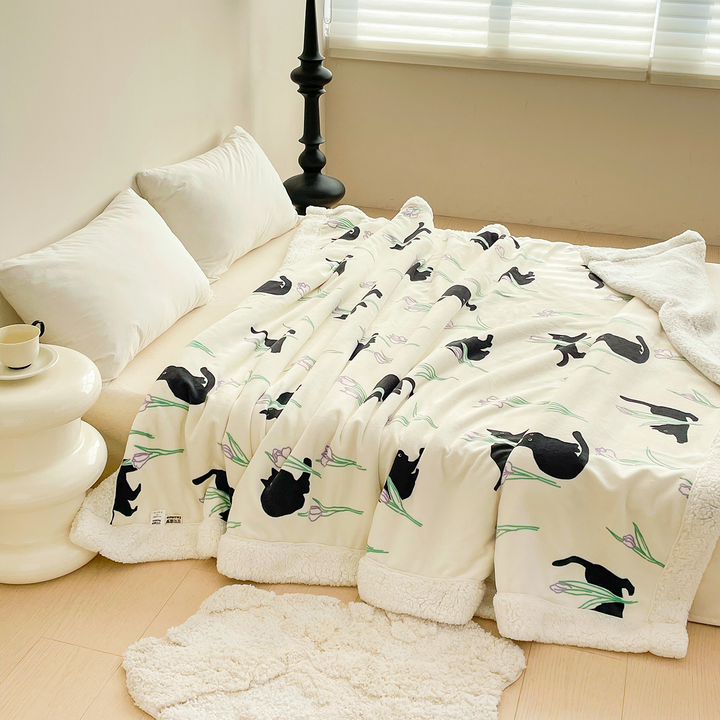 Black Cat and Iris Flower Printed Plush Blanket