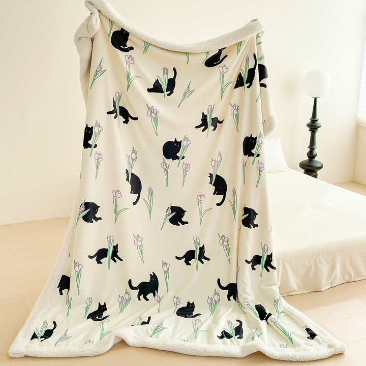 Black Cat and Iris Flower Printed Plush Blanket