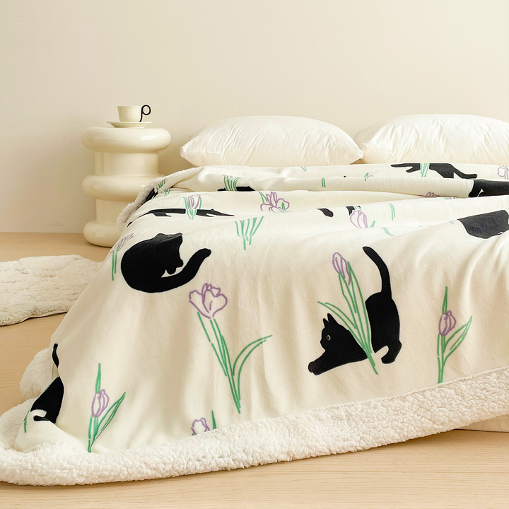 Black Cat and Iris Flower Printed Plush Blanket