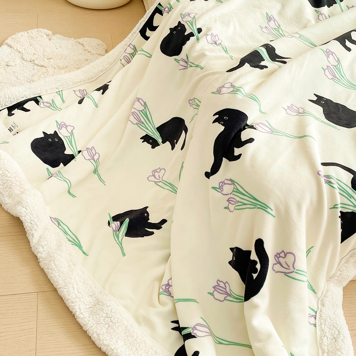Black Cat and Iris Flower Printed Plush Blanket
