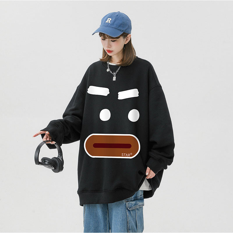 Japanese vintage quirky smiley face printed round neck sweatshirt