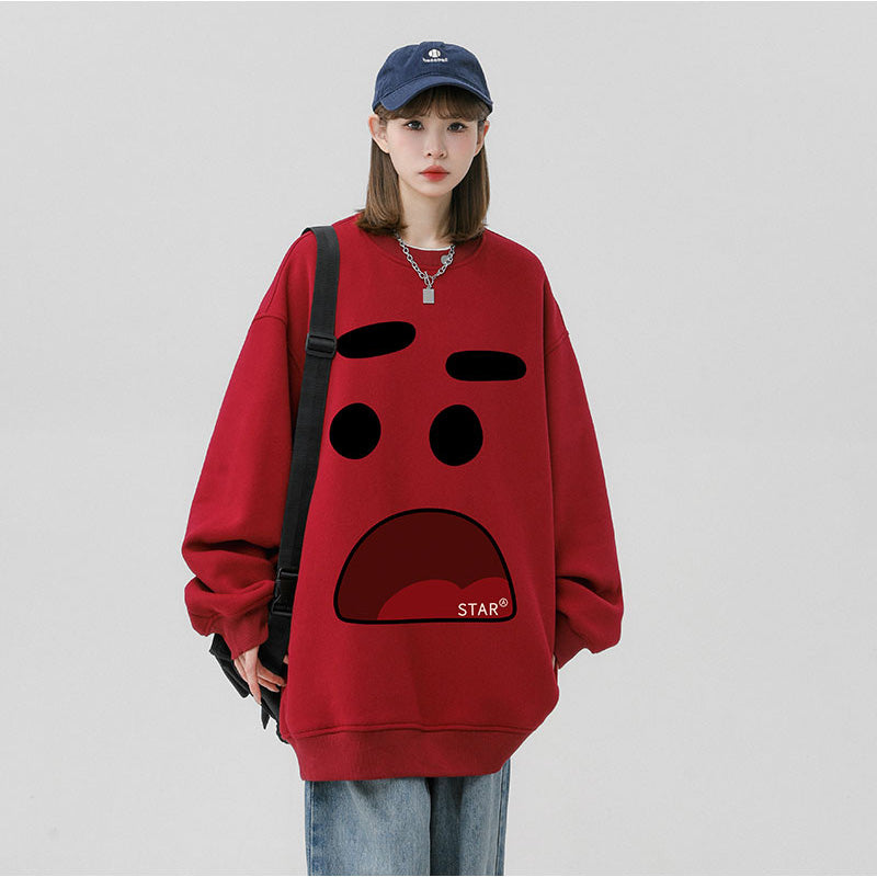 Japanese vintage quirky smiley face printed round neck sweatshirt