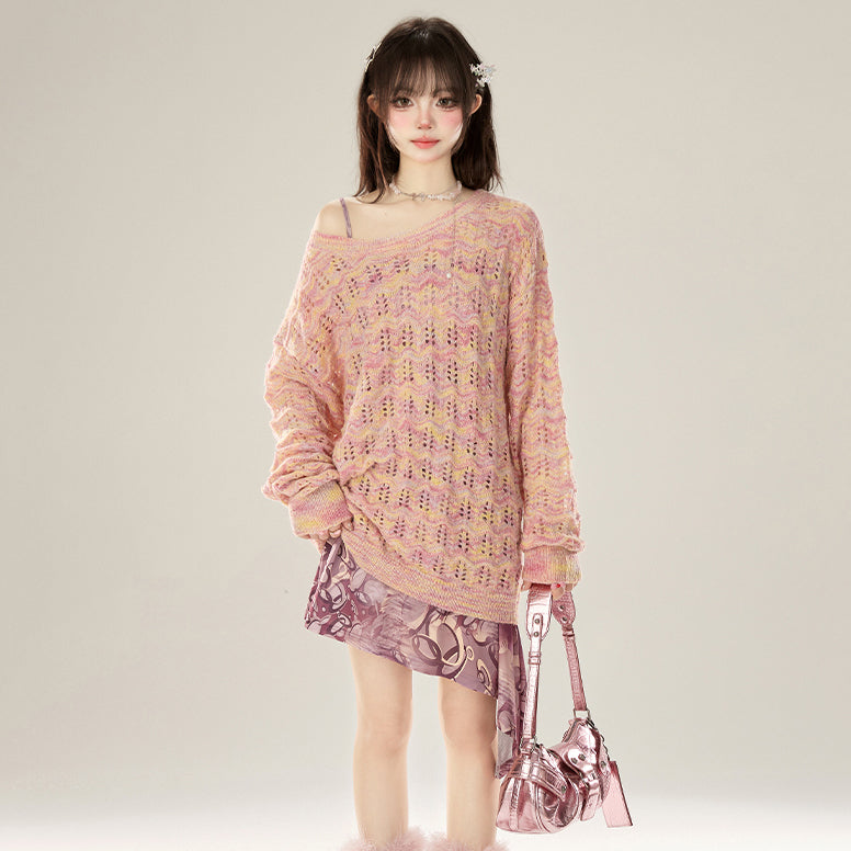 Spring/Summer Pink Hollow Out Loose Fit Round Neck Knitted Top