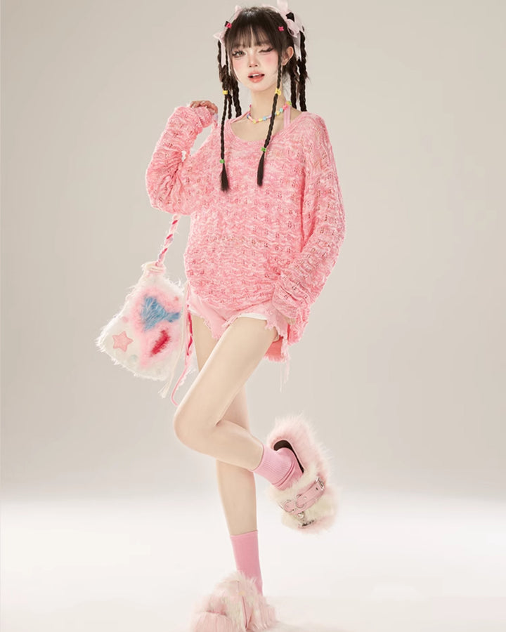 Pink Chic Loose-Fit Round Neck Knit Top for Spring/Summer