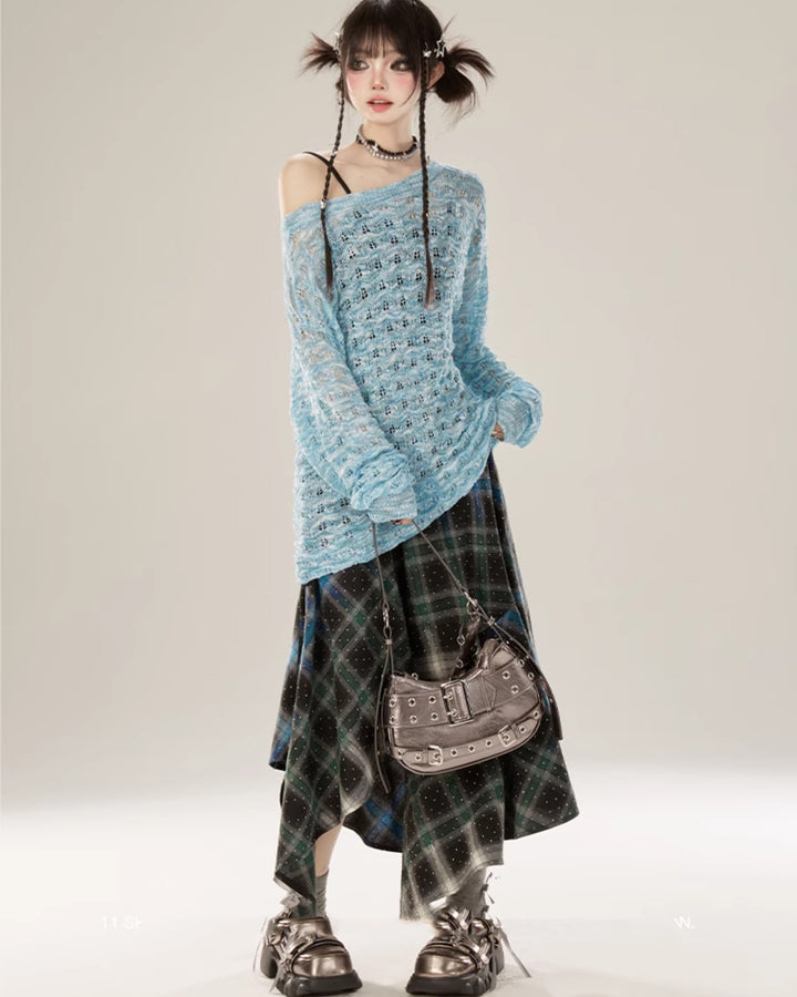 Blue Chic Loose-Fit Round Neck Knit Top for Spring/Summer