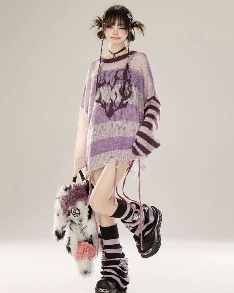 Purple Striped Color Block Knit Sweater Shirt for Summer