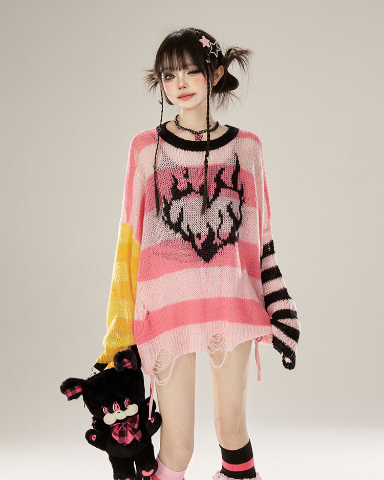 Pink Striped Color Block Knit Sweater Shirt for Summer