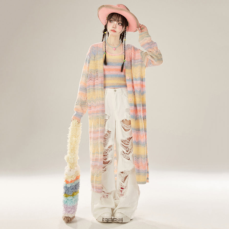 Spring/Summer Colorful Striped Long Sleeve Knit Cardigan Mid-Length Coat