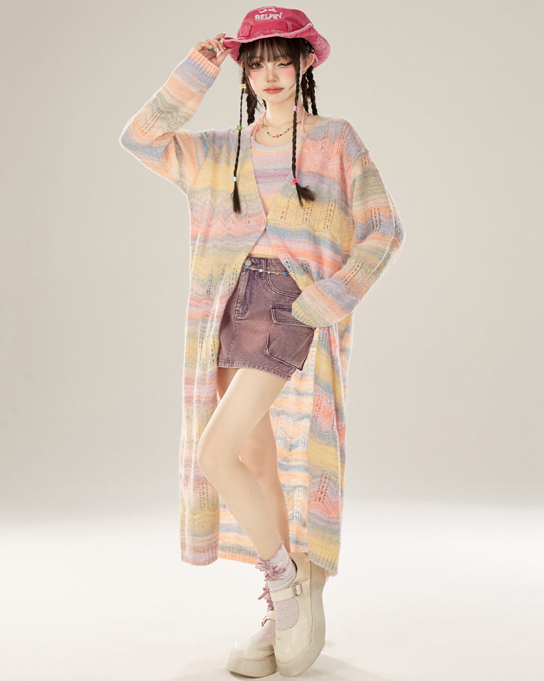 Spring/Summer Colorful Striped Long Sleeve Knit Cardigan Mid-Length Coat