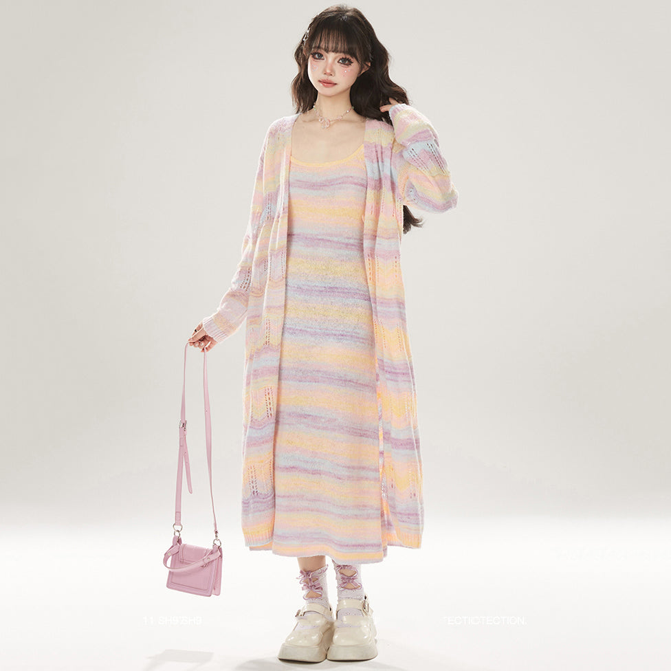 Spring/Summer Purple and Yellow Striped Long Sleeve Knit Cardigan Mid-Length Coat