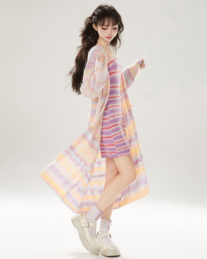 Spring/Summer Purple and Yellow Striped Long Sleeve Knit Cardigan Mid-Length Coat