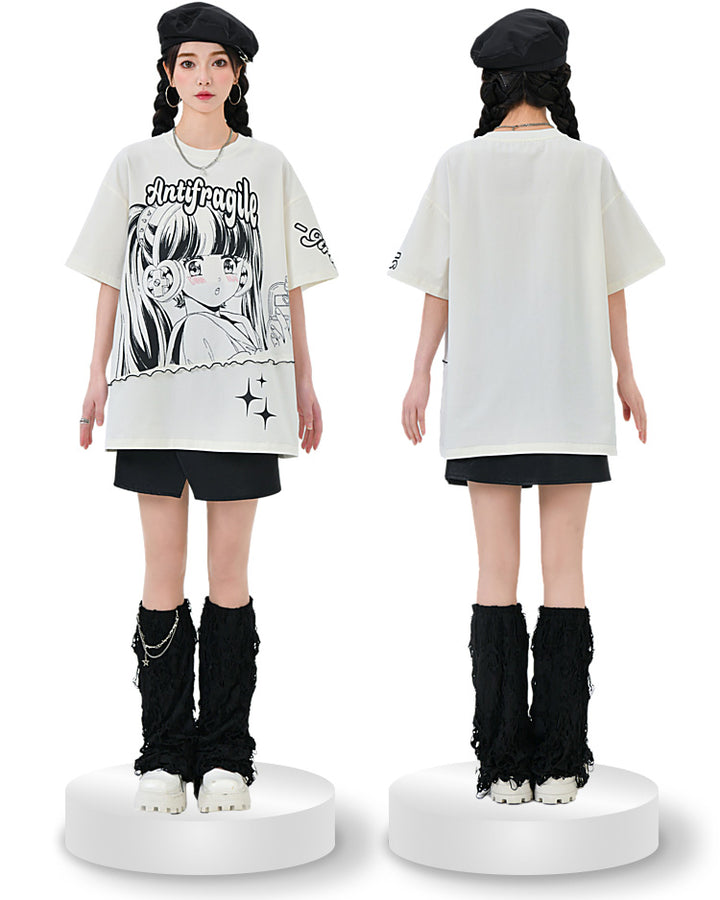 Y2K Comic Girl Style Short Sleeve White T-shirt