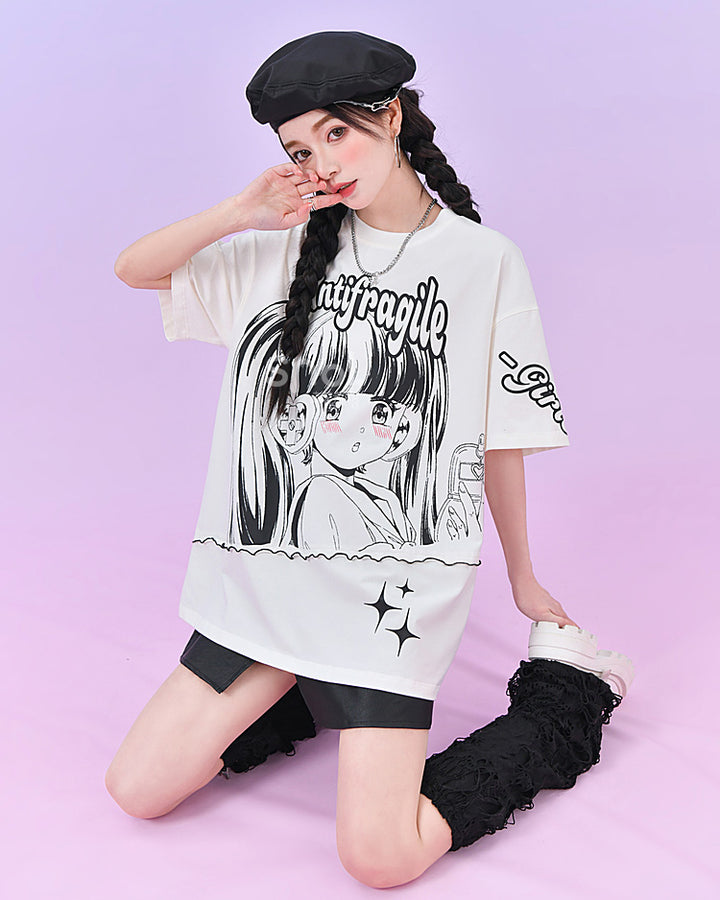 Y2K Comic Girl Style Short Sleeve White T-shirt