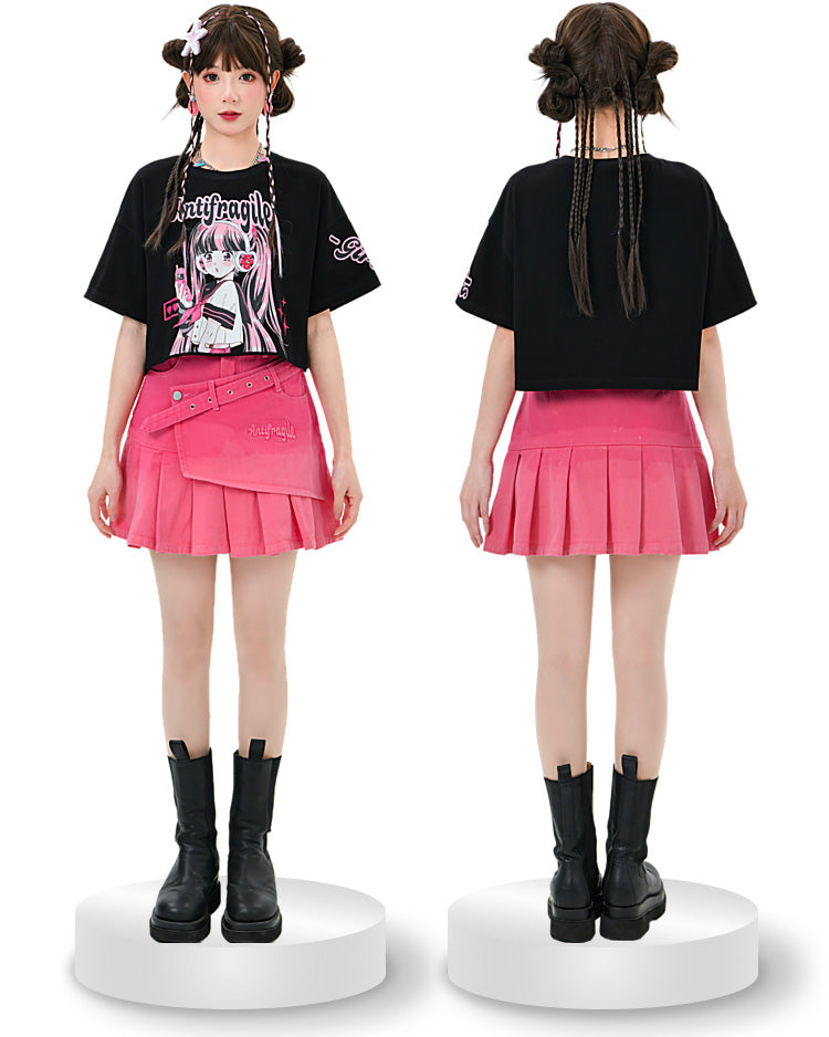Y2K Comic Girl Style Short Sleeve Black Short T-shirt