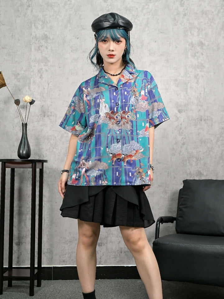 Casual Hanfu-Inspired Printed Short Sleeve Shirt