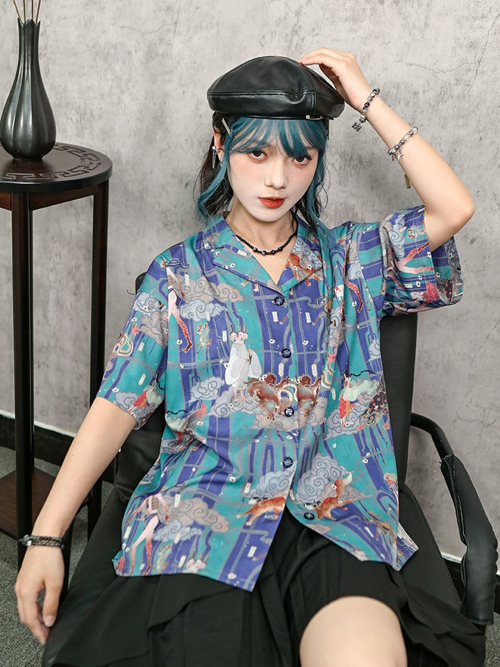 Casual Hanfu-Inspired Printed Short Sleeve Shirt