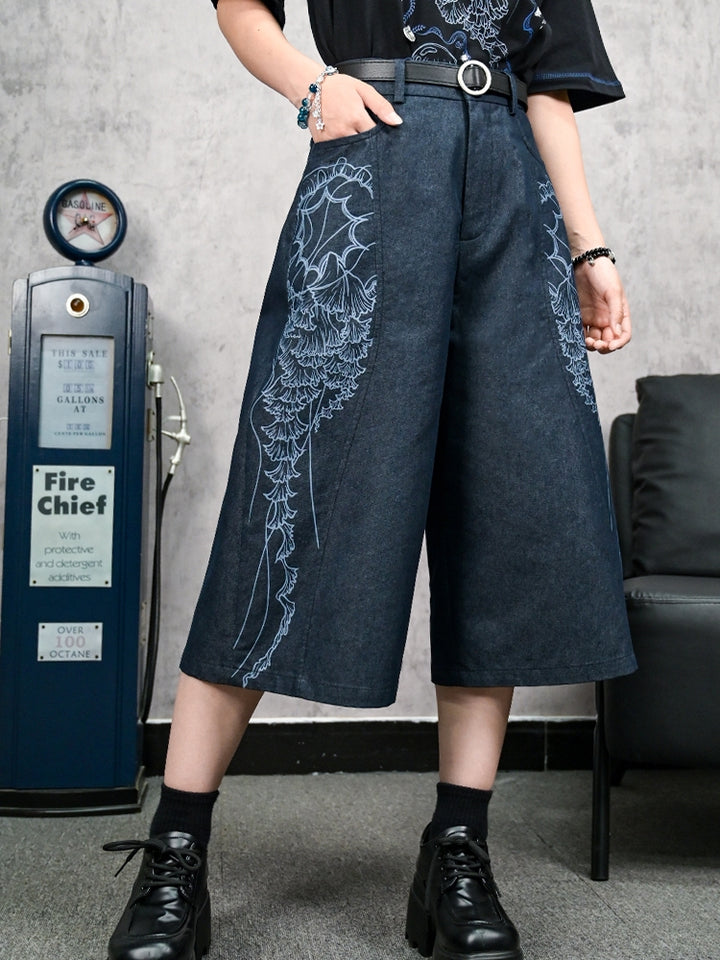 Jellyfish Print Vintage Denim Capri Pants