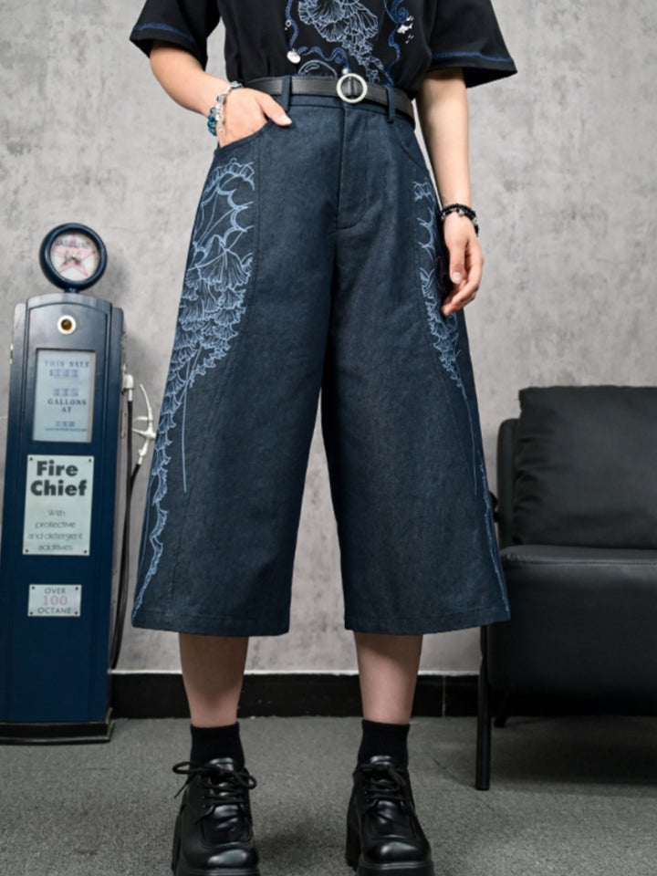 Jellyfish Print Vintage Denim Capri Pants