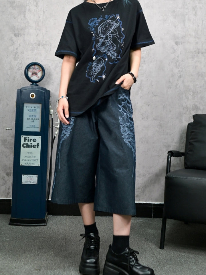 Jellyfish Print Vintage Denim Capri Pants
