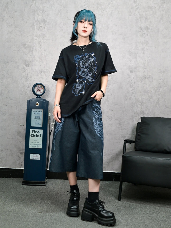 Jellyfish Print Vintage Denim Capri Pants