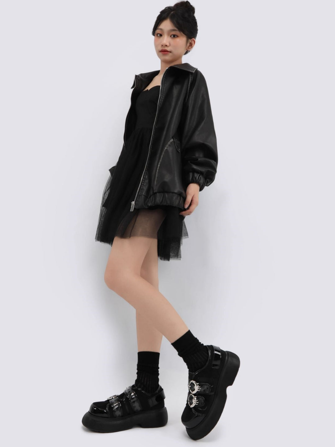 Glossy Accents and Metallic Buckle Detail Black Platform Shoes