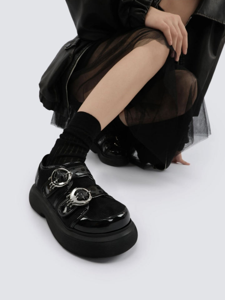 Glossy Accents and Metallic Buckle Detail Black Platform Shoes