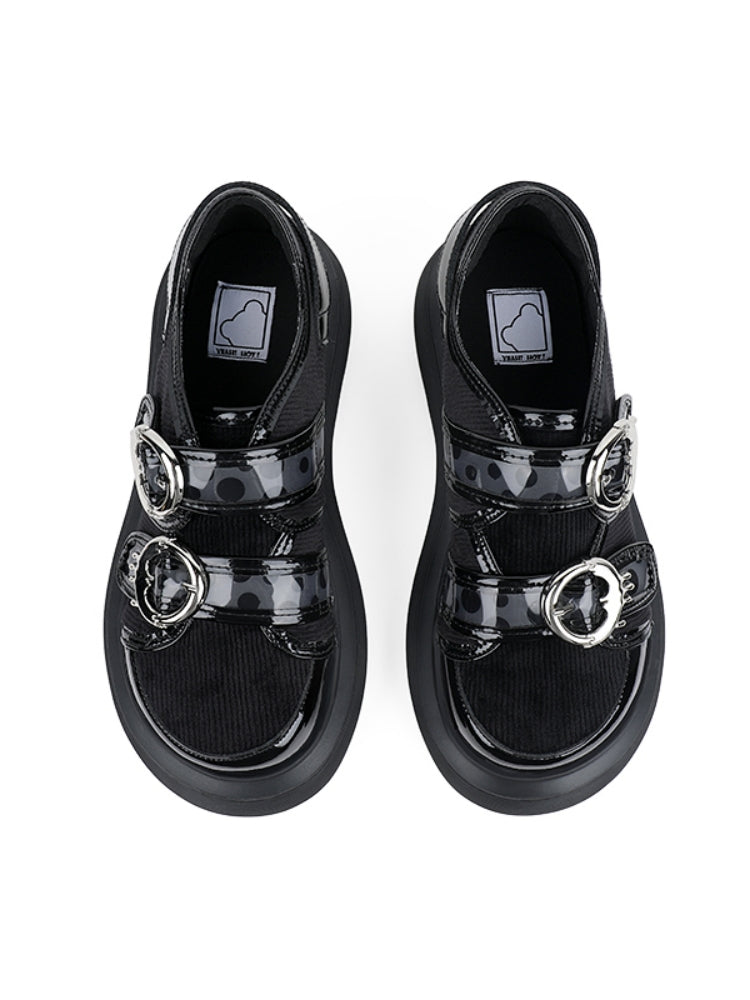 Glossy Accents and Metallic Buckle Detail Black Platform Shoes
