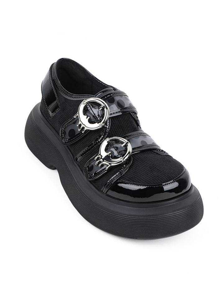 Glossy Accents and Metallic Buckle Detail Black Platform Shoes