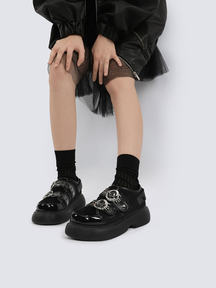 Glossy Accents and Metallic Buckle Detail Black Platform Shoes