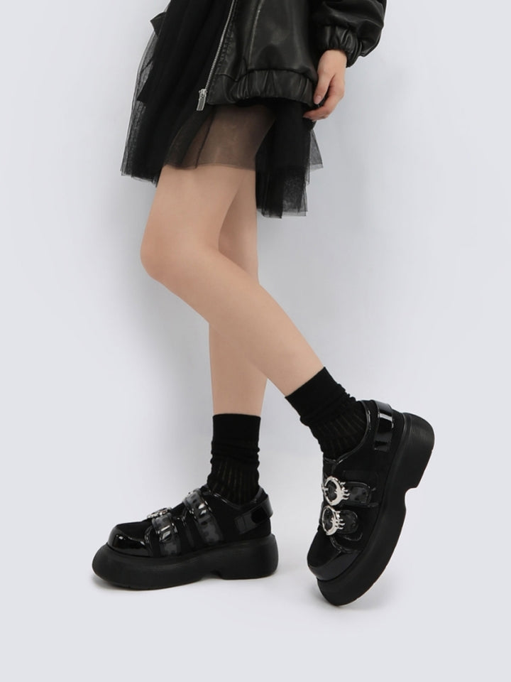 Glossy Accents and Metallic Buckle Detail Black Platform Shoes