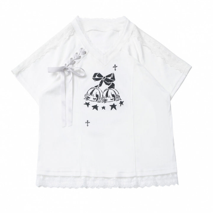 Cute White Bow Top / Black Polka Dot Ruffle Skirt
