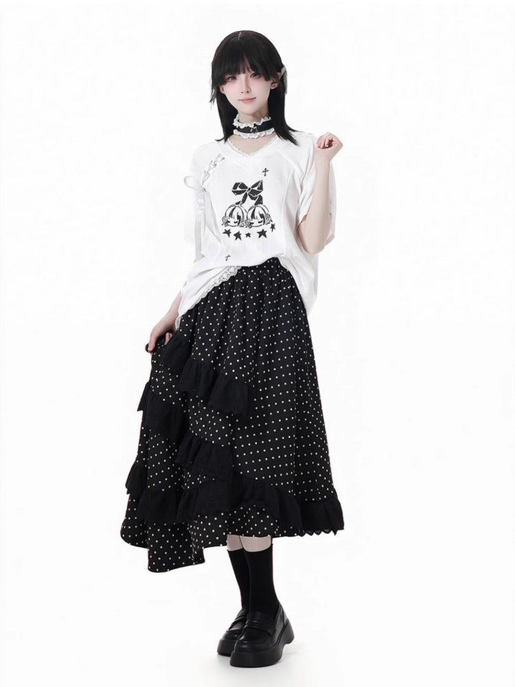 Cute White Bow Top / Black Polka Dot Ruffle Skirt