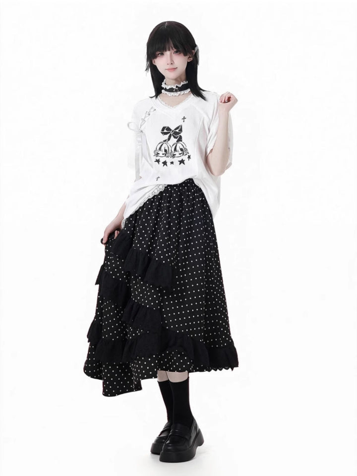 Cute White Bow Top / Black Polka Dot Ruffle Skirt