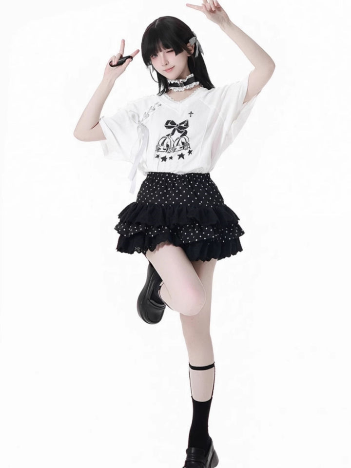 Cute White Bow Top / Black Polka Dot Ruffle Skirt