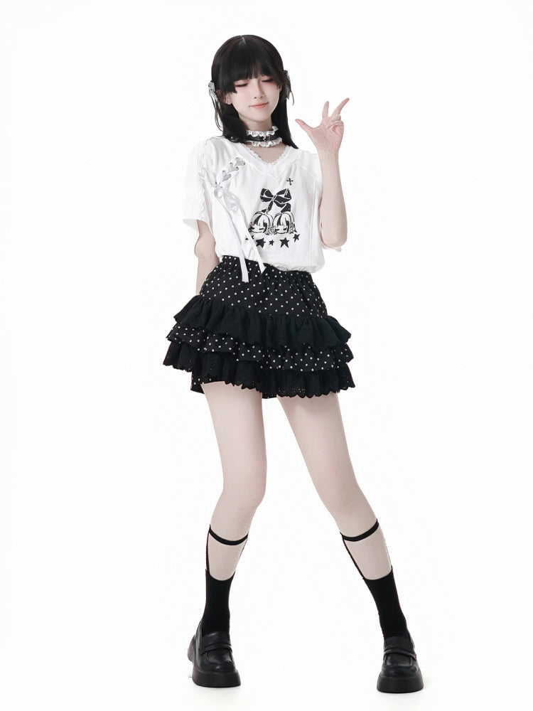 Cute White Bow Top / Black Polka Dot Ruffle Skirt