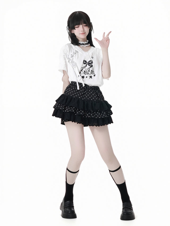Cute White Bow Top / Black Polka Dot Ruffle Skirt