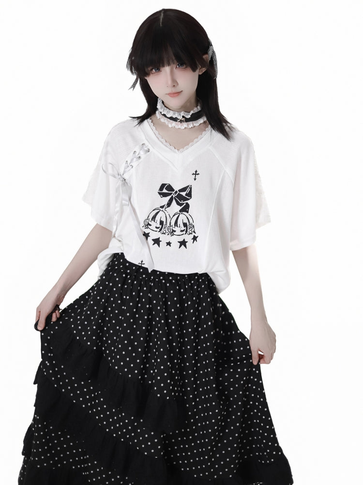 Cute White Bow Top / Black Polka Dot Ruffle Skirt