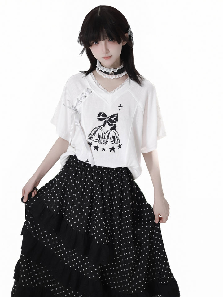 Cute White Bow Top / Black Polka Dot Ruffle Skirt