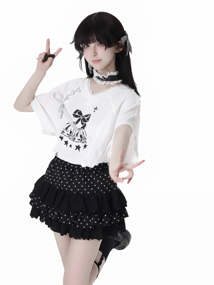 Cute White Bow Top / Black Polka Dot Ruffle Skirt