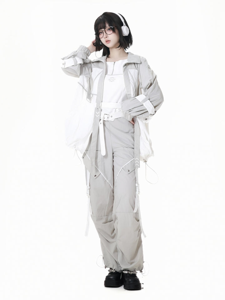 Futuristic White and Grey Outfit Set with Optional Vest Pants Shorts Jacket