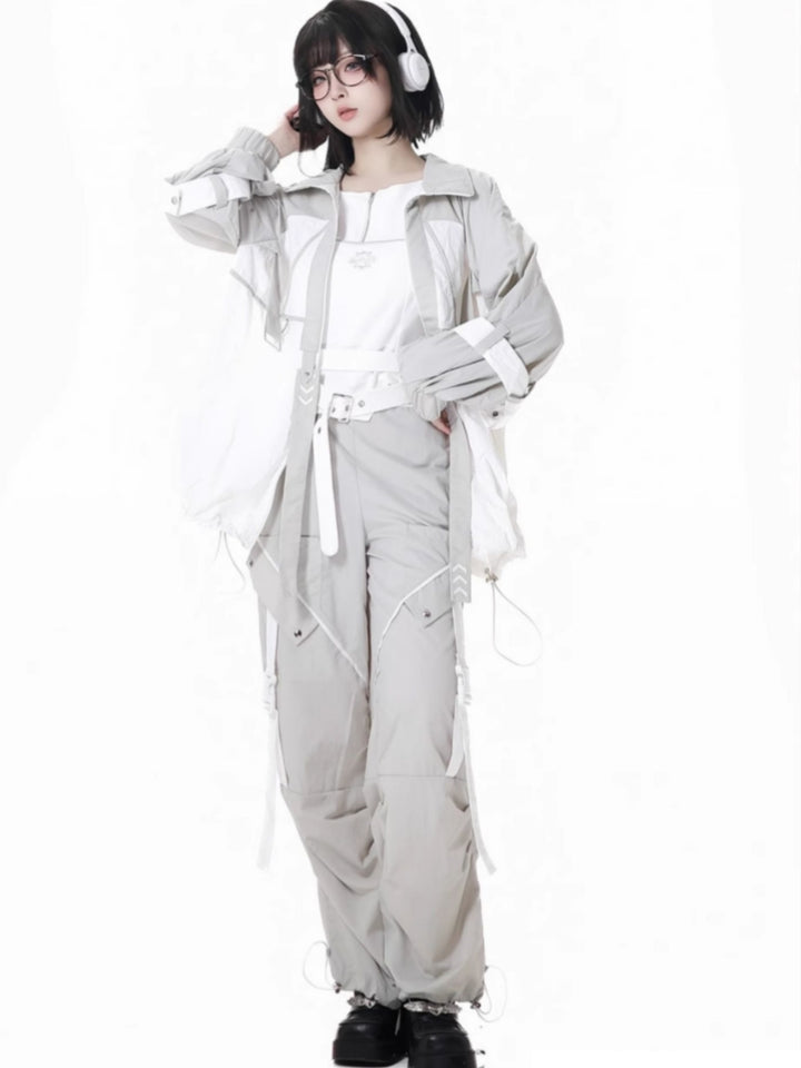 Futuristic White and Grey Outfit Set with Optional Vest Pants Shorts Jacket