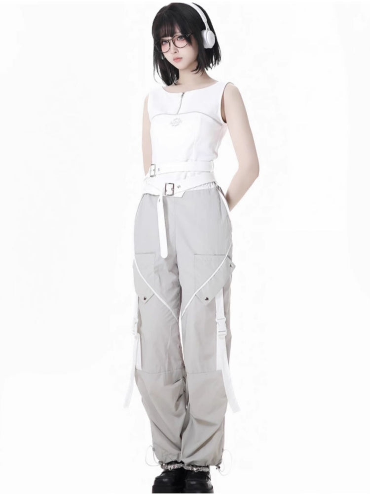 Futuristic White and Grey Outfit Set with Optional Vest Pants Shorts Jacket