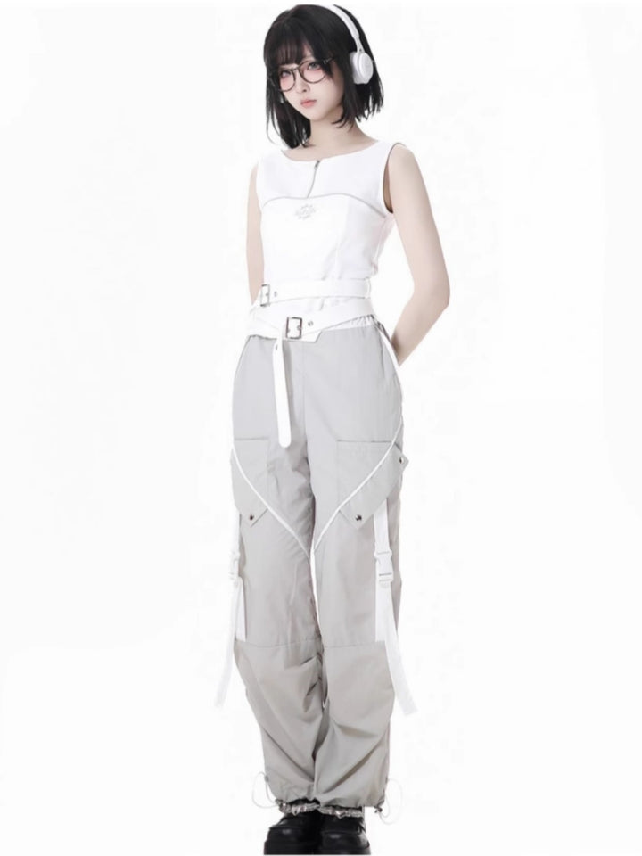 Futuristic White and Grey Outfit Set with Optional Vest Pants Shorts Jacket
