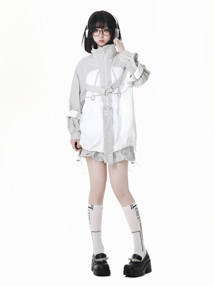 Futuristic White and Grey Outfit Set with Optional Vest Pants Shorts Jacket