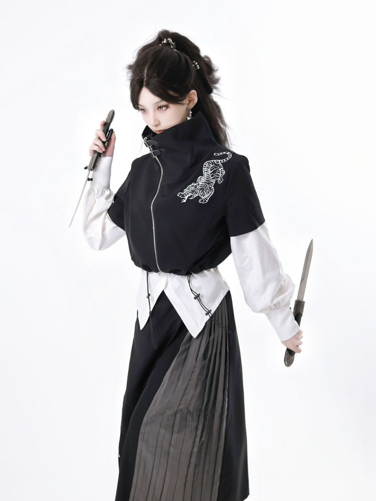 Bold Black Tiger Embroidered Skirt / Pants / White Layered Shirt