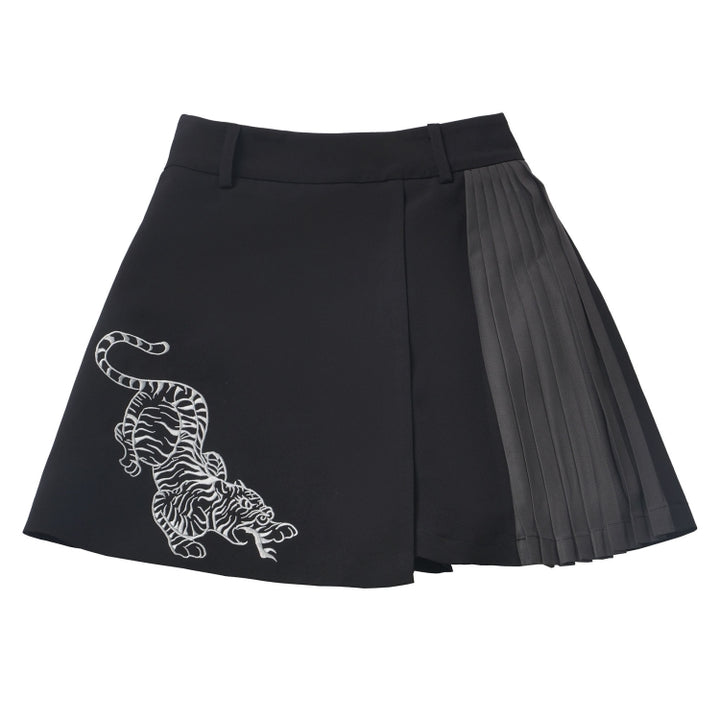 Bold Black Tiger Embroidered Skirt / Pants / White Layered Shirt