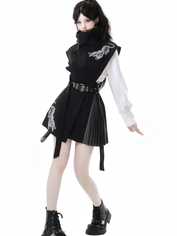 Bold Black Tiger Embroidered Skirt / Pants / White Layered Shirt