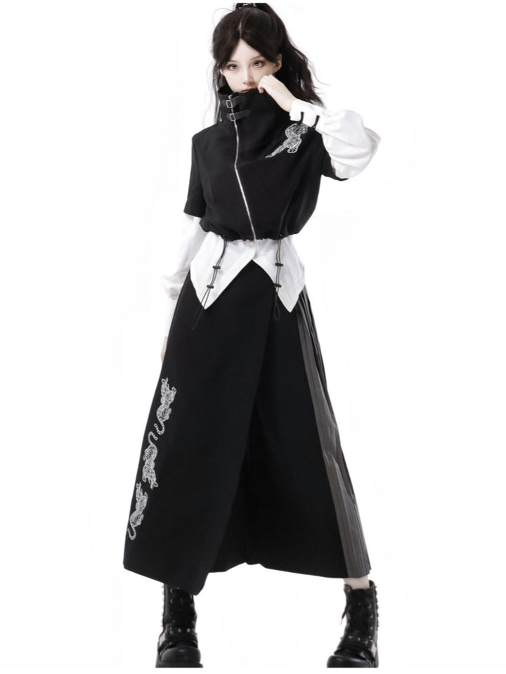 Bold Black Tiger Embroidered Skirt / Pants / White Layered Shirt