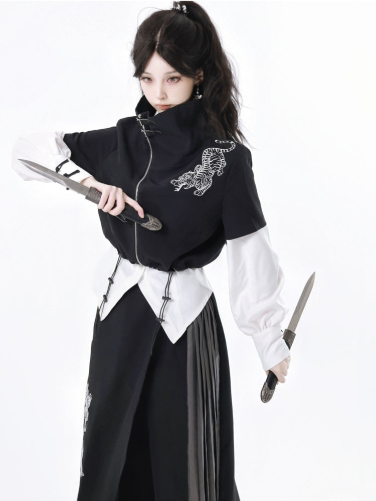 Bold Black Tiger Embroidered Skirt / Pants / White Layered Shirt