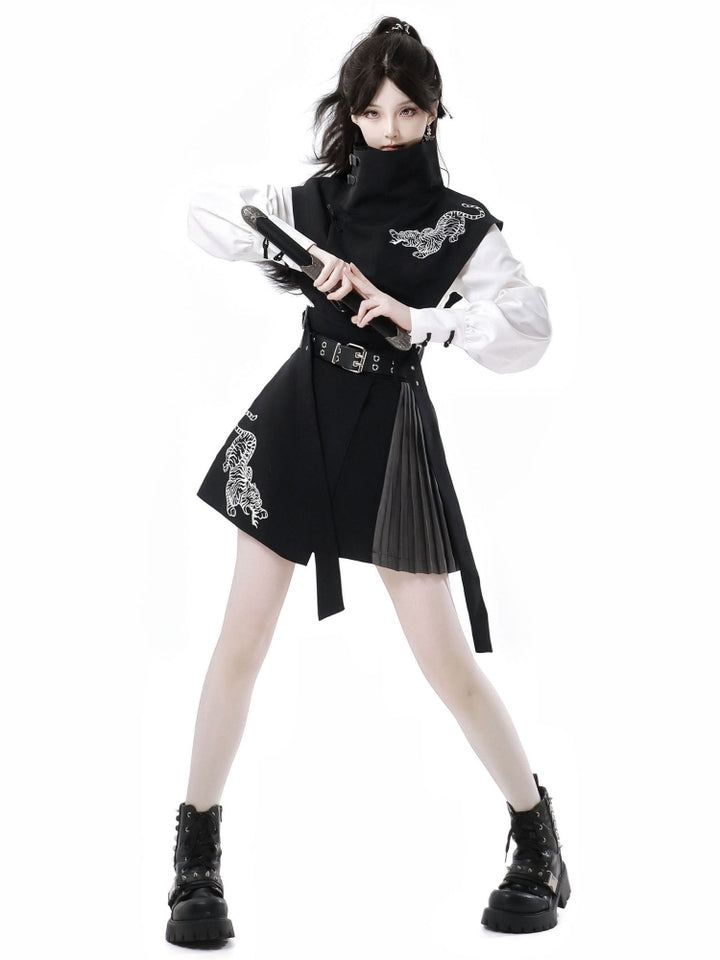 Bold Black Tiger Embroidered Skirt / Pants / White Layered Shirt